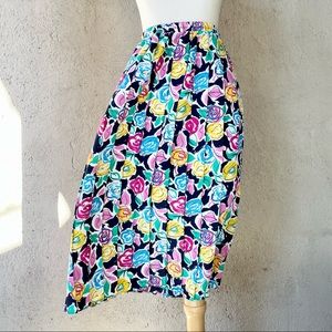 Vintage 1980s Pleated A-Line Midi Skirt | Bright Multicolor Abstract Floral